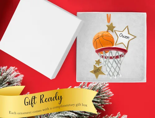 Miniatura 4 de Adorno de Navidad personalizado de baloncesto 2026 Bola B con estrellas doradas y aro de canasta para árbol de Navidad Recuerdo único