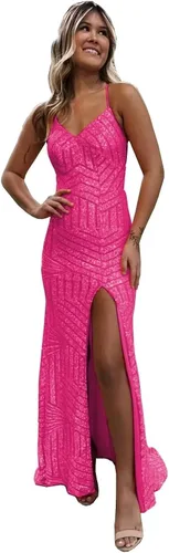 Vestidos de fiesta de lentejuelas de sirena 2024 cuello en V brillante correa de espagueti formal vestido de fiesta de noche con abertura CM251