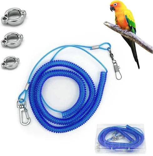 Correa voladora de loro, cuerda de entrenamiento de 16.4 pies con anillo de pie de pájaro de 3 tamaños, cuerda elástica antimordeduras para Azul