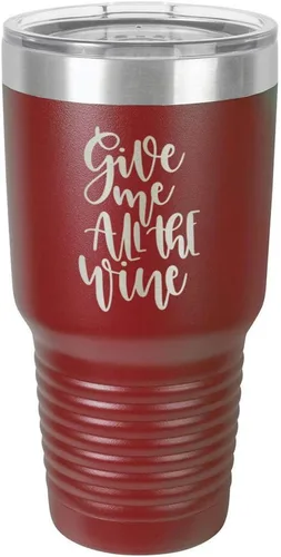Miniatura 18 de Taza de viaje de acero con recubrimiento de polvo grabado con láser, con grabado «GIVE ME ALL THE WINE» y grabado en polvo de 30 oz, libre de BPA