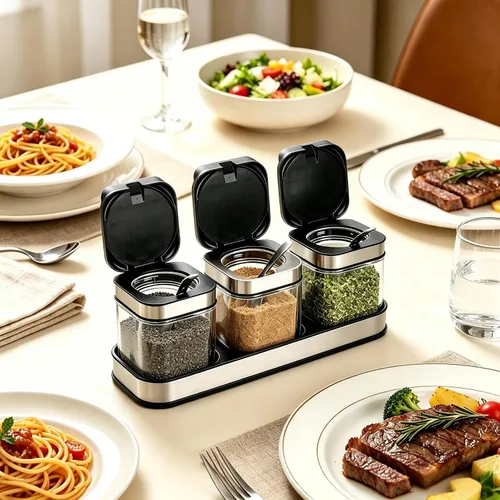 Miniatura 6 de DEAYOU Paquete de 3 cajas de condimentos de vidrio con bandeja, recipiente transparente para condimentos con tapa de acero inoxidable 18/10