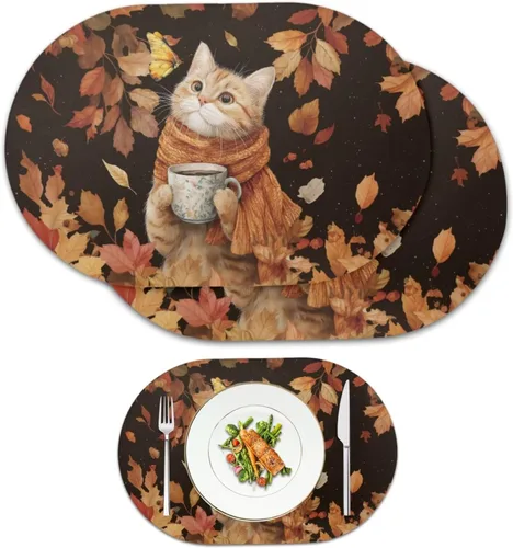 Miniatura 10 de Non Slip Placemats Set of 6 Pumpkin Mushroom Theme Waterproof Wipeable Faux Leather for Thanksgiving Family Feast Heat Resistant Dining Table Mats