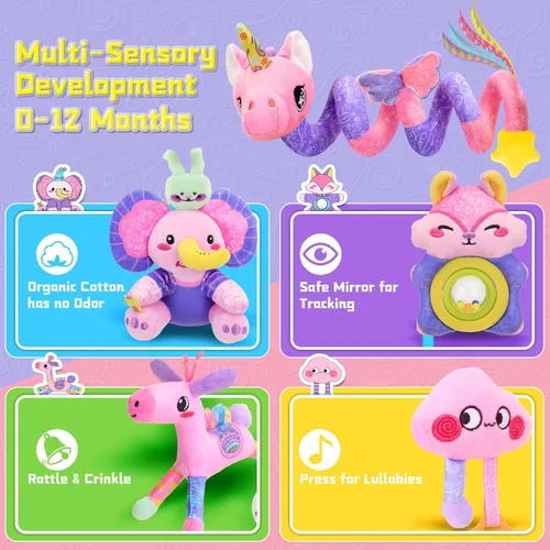 Miniatura 3 de Juguete Musical de Asiento de Coche para Bebés de 0-12 Meses Niña, Juguete Colgante de Actividad Sensorial 5 en 1, Juguete de Cochecito con Música