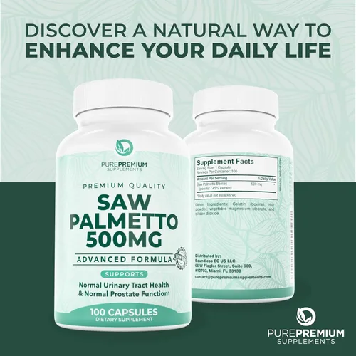 Miniatura 8 de Saw Palmetto Premium 500 mg para hombres y mujeres – Extracto de palma enana americana de máxima fuerza y suplemento en cápsulas en polvo – Apoya