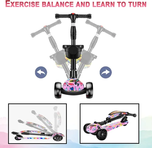 Miniatura 4 de Patinete 2 en 1 para niños de 3 a 8 años, altura ajustable, asiento extraíble, 3 ruedas de luz LED, actividades al aire libre para niños y niñas Rosa