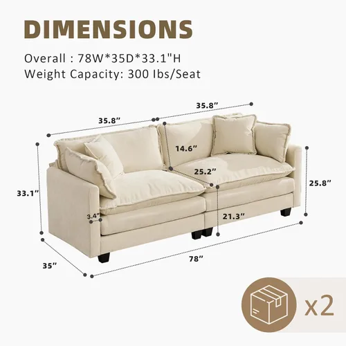 Miniatura 2 de Sofá seccional modular convertible de 76.7", sofás de dos plazas de chenilla con asiento profundo y cojines tipo loveseat para sala de estar, Beige