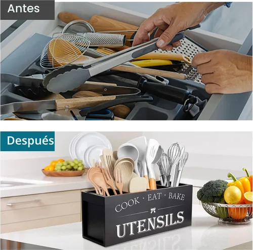 Miniatura 3 de Suli Soporte extra grande para utensilios de cocina con 4 compartimentos, organizador de utensilios de madera para encimera de cocina, decoración