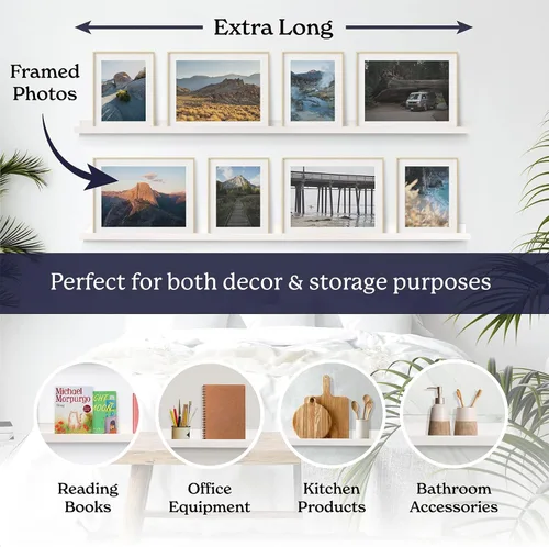 Miniatura 3 de Kraftex Estante de repisa para pared [blanco, 60 pulgadas, paquete de 2] Estantes flotantes estrechos para fotos e imágenes. Estante de exhibición