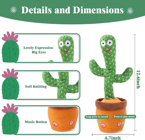 Miniatura 5 de MIAODAM - Cactus bailarín, juguete parlante de cactus para bebés, juguete de cactus que brilla con luces coloridas y repite lo que dices para bebés