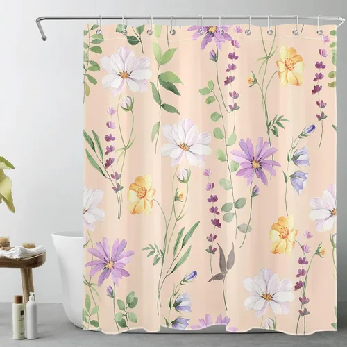Miniatura 19 de Cortina de ducha de flores silvestres amarillas, moradas, florales y verde salvia con hojas de eucalipto sobre blanco, juego de cortina de ducha