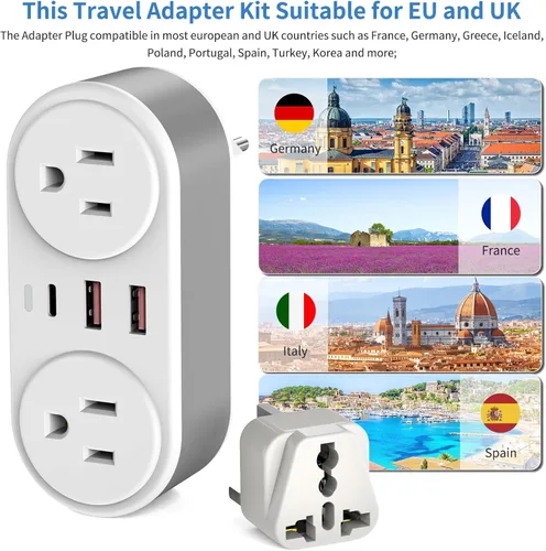 Miniatura 4 de Adaptador de enchufe de viaje europeo para Europa y Reino Unido, cargador rápido PD de 20 W con 2 tomacorrientes, 3 puertos de carga USB, adaptador