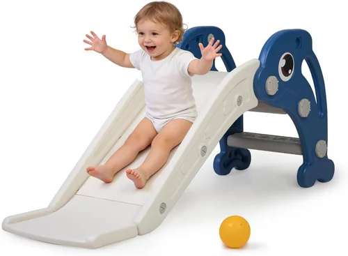 NYEEKOY Juego de tobogán 3 en 1 para niños pequeños, tobogán para bebé con aro de baloncesto y pelota, patio de juegos para interiores y exteriores