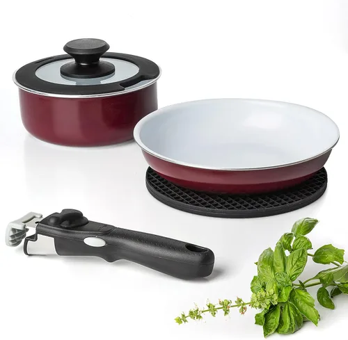 Moss & Stone Juego de ollas y sartenes de aluminio antiadherentes, mango extraíble, juego de ollas y sartenes apilables, apto para lavavajillas,