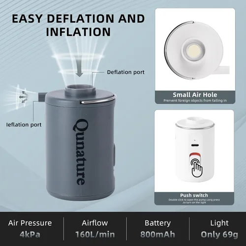 Miniatura 3 de Bomba de aire portátil para inflables, mini bomba eléctrica recargable de 4KPa, infla rápidamente para flotadores de piscina, anillos de natación