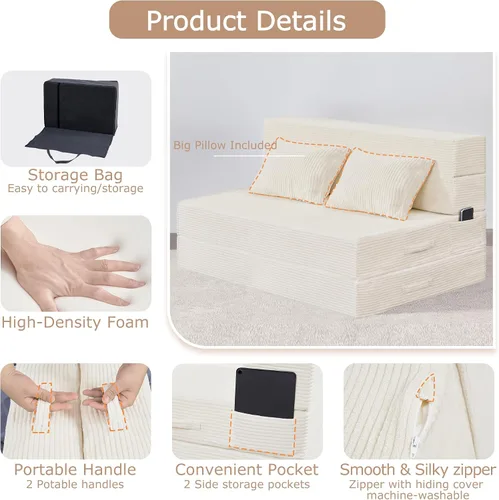 Miniatura 7 de Sofá Cama Individual Plegable Silla Sofá Cama con Almohada, Twin, Beige Cama de silla plegable
