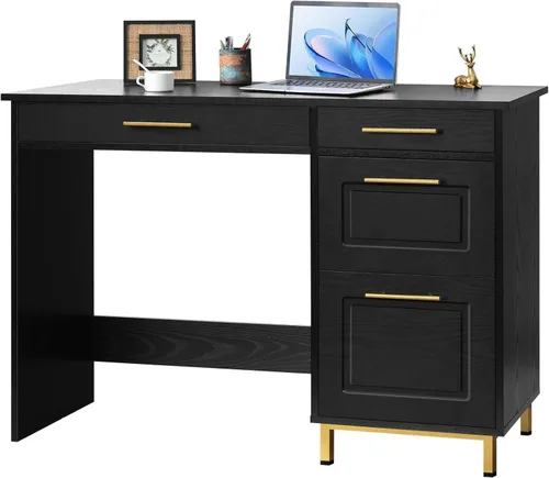 Miniatura 6 de 4 EVER WINNER Escritorio negro con cajones, modernos escritorios de oficina en casa con asas y cajones dorados, mesa de computadora para espacios