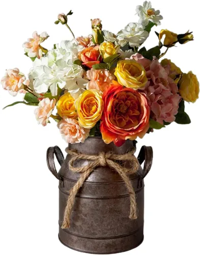Florero decorativo vintage rústico antiguo, jarrón de metal con diseño elegante y elegante, cubo de hierro envejecido primitivo para decoración del