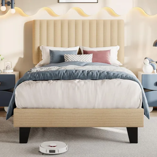 Miniatura 17 de Einhomn Base de cama tamaño Queen con cabecero, base de cama tapizada de lino con listones de madera maciza, sin ruido, no necesita somier, fácil