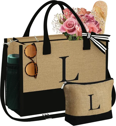 Miniatura 14 de YOOLIFE Regalos personalizados para mujeres, bolsa de yute con inicial y bolsa de maquillaje, regalos de cumpleaños para mujeres, mamá, esposa
