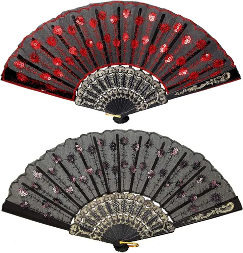 Miniatura 8 de Jetec Abanico español de encaje de 2 piezas, ventilador de mano plegable chino de mano para mujer, disfraz de baile de los años 20, regalo de azul
