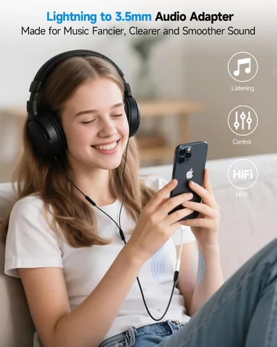 Miniatura 5 de Adaptador Lightning a conector de auriculares de 0.138 in con certificación MFi de Apple, calidad de audio premium y chip DAC para escuchar música