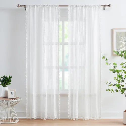 Miniatura 8 de Paneles de cortina cortos de encaje blanco transparente con borlas, cortinas bohemias para sala de estar, diseño de patrón geométrico bordado