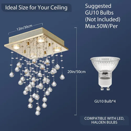Miniatura 3 de Bestier - Candelabro dorado moderno de cristal cuadrado con gotas de lluvia, iluminación pareja para montaje; lámpara LED colgante con montaje