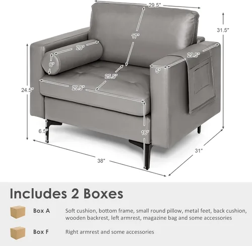 Miniatura 3 de Giantex Sofá individual, silla decorativa, sillón con cojín cómodo, bolsillos para revistas, sala de estar, silla de ocio tapizada para dormitorio