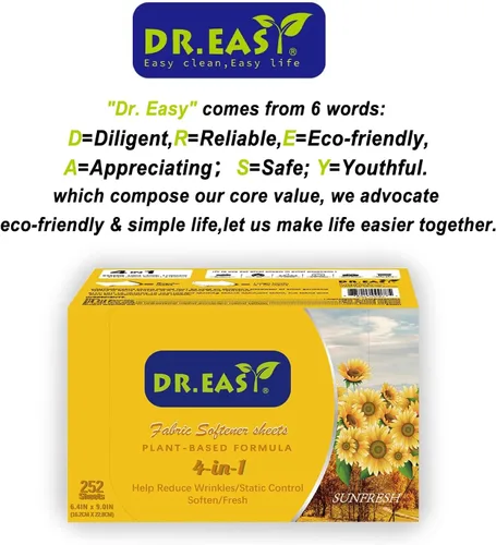 Miniatura 7 de DR.EASY Hojas para Secadora Fórmula a Base de Plantas 252 Unidades Hojas Suavizantes de Tela para Lavandería Aceite Esencial Sunfresh con Aroma Sin