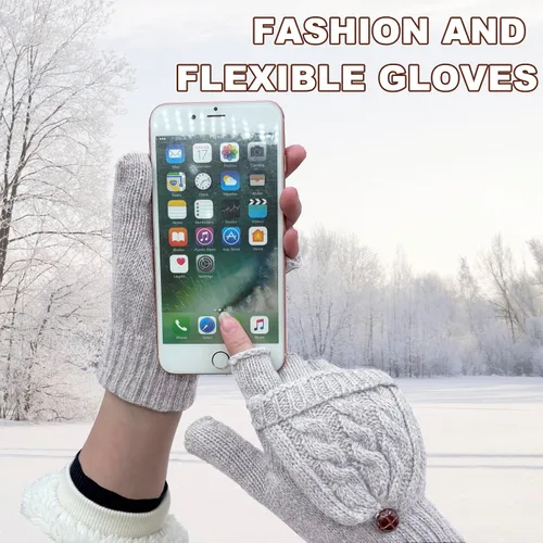 Miniatura 58 de Beurlike Guantes de invierno para mujer, de lana cálida, a prueba de viento, convertibles, sin dedos