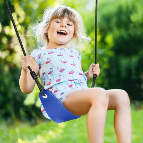 Miniatura 5 de Juego de columpios para niños 5 en 1 para patio trasero con trampolín, soporte de marco en A resistente de 880 libras, soporte de metal