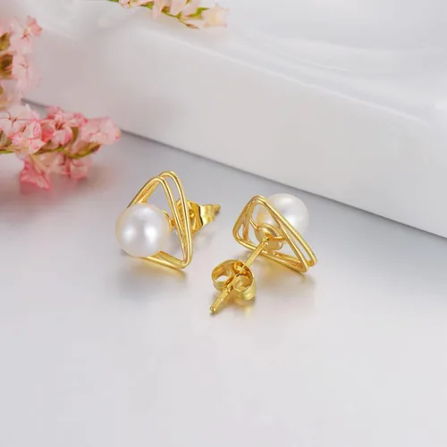 Miniatura 4 de Aretes de perlas de oro real de 14 quilates, aretes de perlas de oro amarillo real de 0.23 pulgadas con parte trasera de presión, aretes de perlas