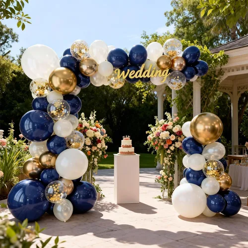 Miniatura 2 de Kit de arco de globos azul marino, dorado y blanco, 129 piezas de doble relleno, azul real, cromado, oro, perla, arena, blanco, confeti, guirnalda