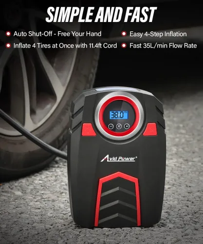 Miniatura 2 de AVID POWER Inflador de Neumáticos de 12V Compresor de Aire Portátil, Bomba de Aire Portátil para Automóvil con Medidor de Pantalla y Luz LED, Bomba