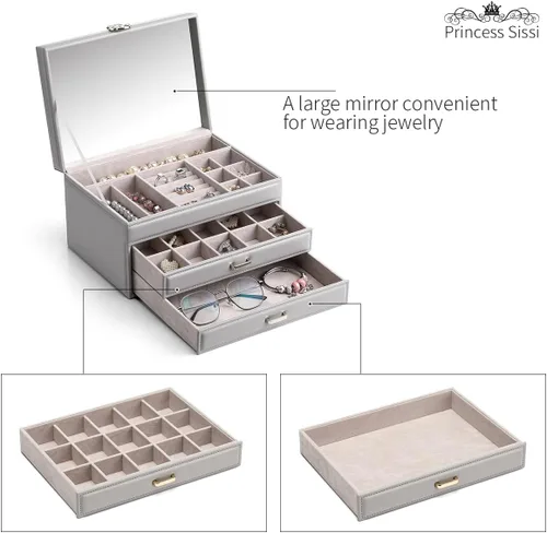 Miniatura 4 de Vlando - Joyero con espejo caja de almacenamiento para joyas de gran capacidad con espacio para aretes de niñamujer, collares, pulseras
