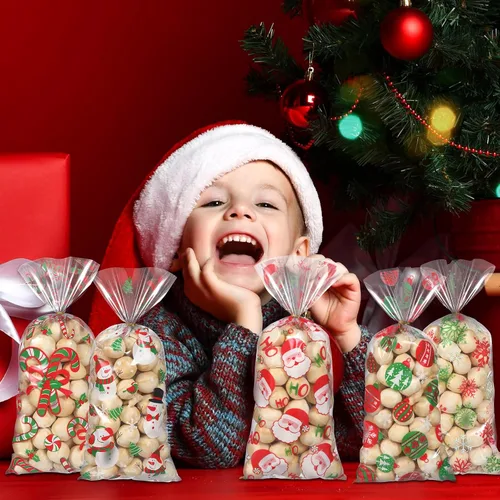 Miniatura 6 de Pasimy 100 Piezas Bolsas de Celofán Navideñas para Dulces con Lazos Bolsa de Regalo de Plástico Transparente a Granel Bolsas de Celofán Navideñas