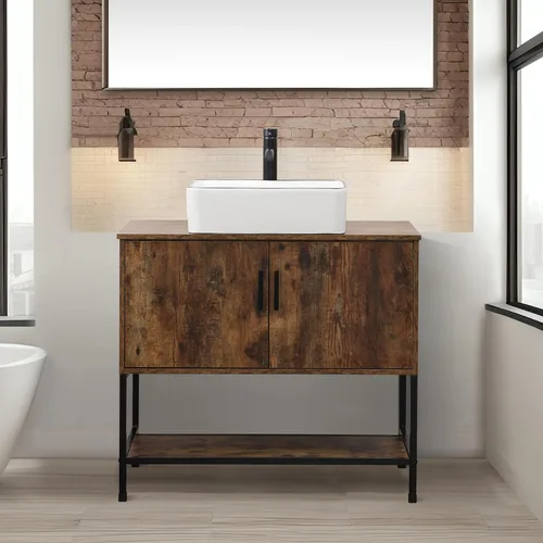 Miniatura 35 de UEV Tocador de Baño de Roble Rústico de 24" con Lavabo, Conjunto de Gabinete de Baño con Marco de Hierro Industrial con Puertas y Estante, con Combo