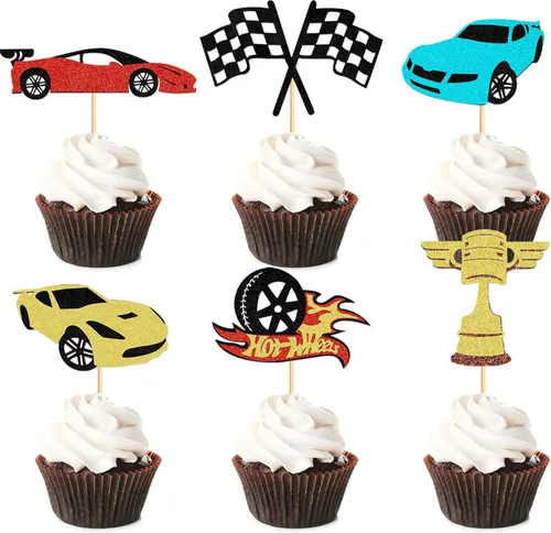Miniatura 12 de 24 piezas de adornos para cupcakes de coche de carreras, trofeo brillante, bandera de carreras, decoraciones de pastel con temática de carreras