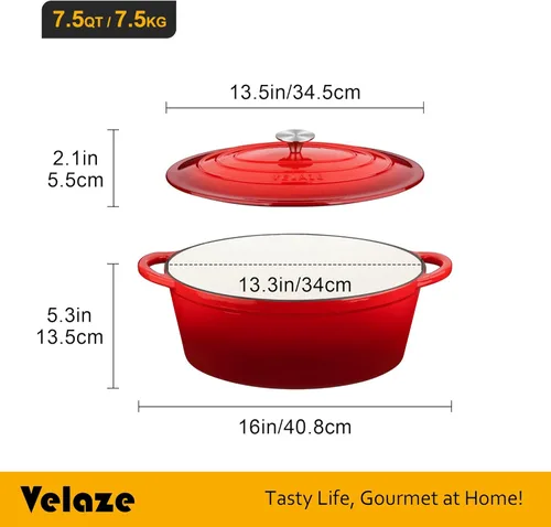 Miniatura 6 de Velaze Olla de horno holandés ovalada esmaltada de 7.5 QT con tapa, horno holandés de hierro fundido con asas duales para hornear pan, cocinar, Rojo