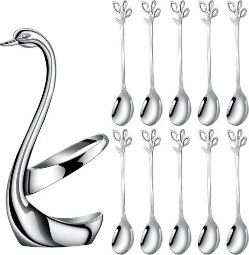 AnSaw Juego de Portacucharas de Café Pequeñas Plateado, Base de Cisne con Juego de 10 Cucharas Demitasse Espresso, Cuchara de Postre Mini de Hoja de