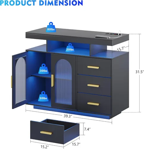 Miniatura 2 de Gabinete de buffet LED con estación de carga inalámbrica de 40 pulgadas, moderna mesa de aparador con RGB 24 colores regulables, estación de barra