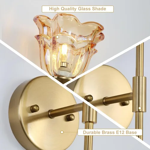 Miniatura 2 de Paquete de 2 apliques de pared dorados con modernas pantallas de vidrio ámbar, accesorios modernos de luz de pared de tocador de baño de mediados