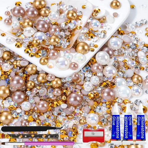 Miniatura 73 de 60g de Perlas Acuamarina Dorada con Diamantes de Imitación para Manualidades Tamaño Mixto 3mm-10mm Color AB Redondas Perlas Medias Planas Conjunto