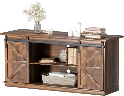 Miniatura 8 de YESHOMY - Soporte de TV para televisores de hasta 65 pulgadas, con puertas corredizas estilo granja y gabinetes de almacenamiento, mesa consola