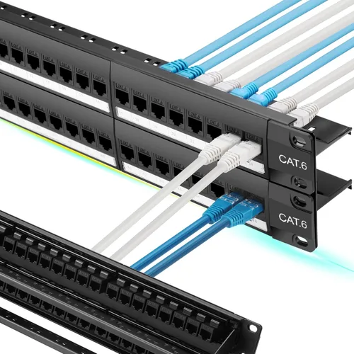 Rapink Panel de parches Cat6 de 48 puertos con soporte Keystone 10G en línea, acoplador de paso UTP de 19 pulgadas, barra trasera extraíble, red 1U
