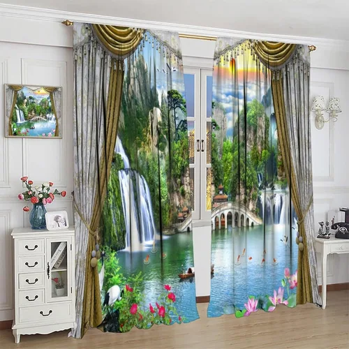 Miniatura 4 de Cortinas de ventana de cascada 3D, paisaje natural, cascada junto al lago, estampado de bosques verdes, decoración del hogar, dormitorio, sala