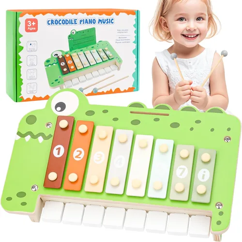 Juguetes musicales de xilófono de piano para bebé, juguetes de cocodrilo Montessori de madera 2 en 1 para niños pequeños, 8 instrumentos de teclado
