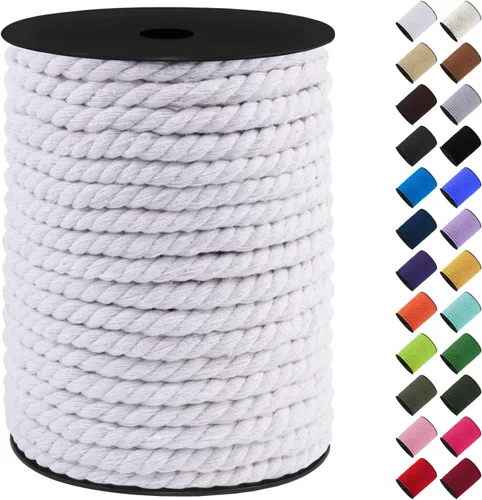 Cuerda de algodón para macramé, 0.315 in x 131 pies, cuerda gruesa de 3 hebras torcida de macramé, cuerda de algodón para colgar en la pared, Blanco