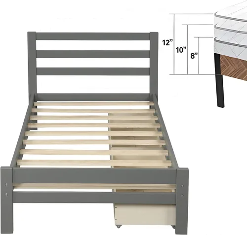 Miniatura 4 de Cama de plataforma de madera de tamaño individual con 2 cajones, marco de cama de plataforma moderna con cajón de almacenamiento, muebles