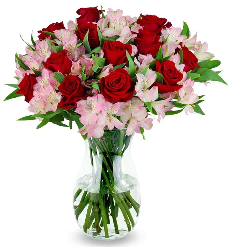 Miniatura 12 de Benchmark Bouquets - Rosas clásicas y alstroemeria (jarrón de cristal incluido) - Flores frescas para entrega al día siguiente - Regalo